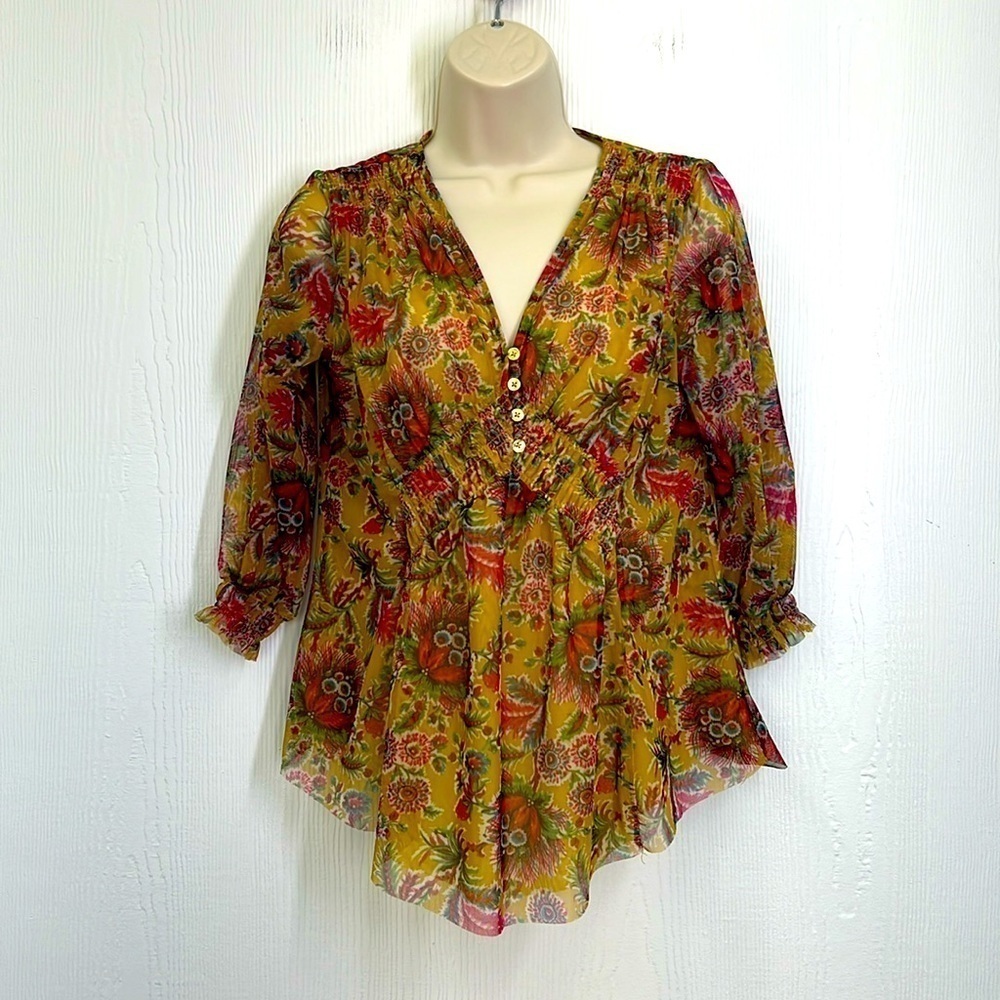 Anthropologie - Gretchen V Neck Colorful Floral Smocked Mesh Tunic SZ XS Petite